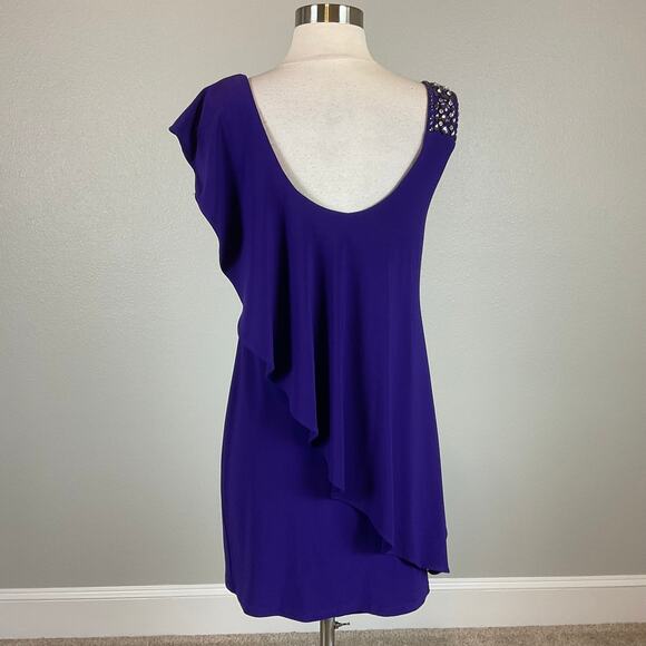 Betsy & Adam One Shoulder Beaded Cocktail Dress Purple Size 4 Ruffled Shift - Picture 2 of 13